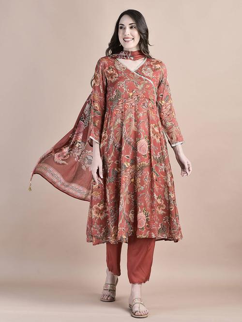 women rust long sleeve anarkali kurta pant with dupatta set - 21559600 - Very Small Image - 1