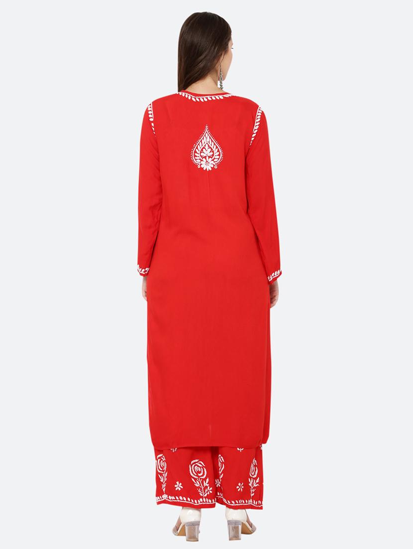 women red chikankari kurta palazzo set - 21561958 - Standard Image - 3