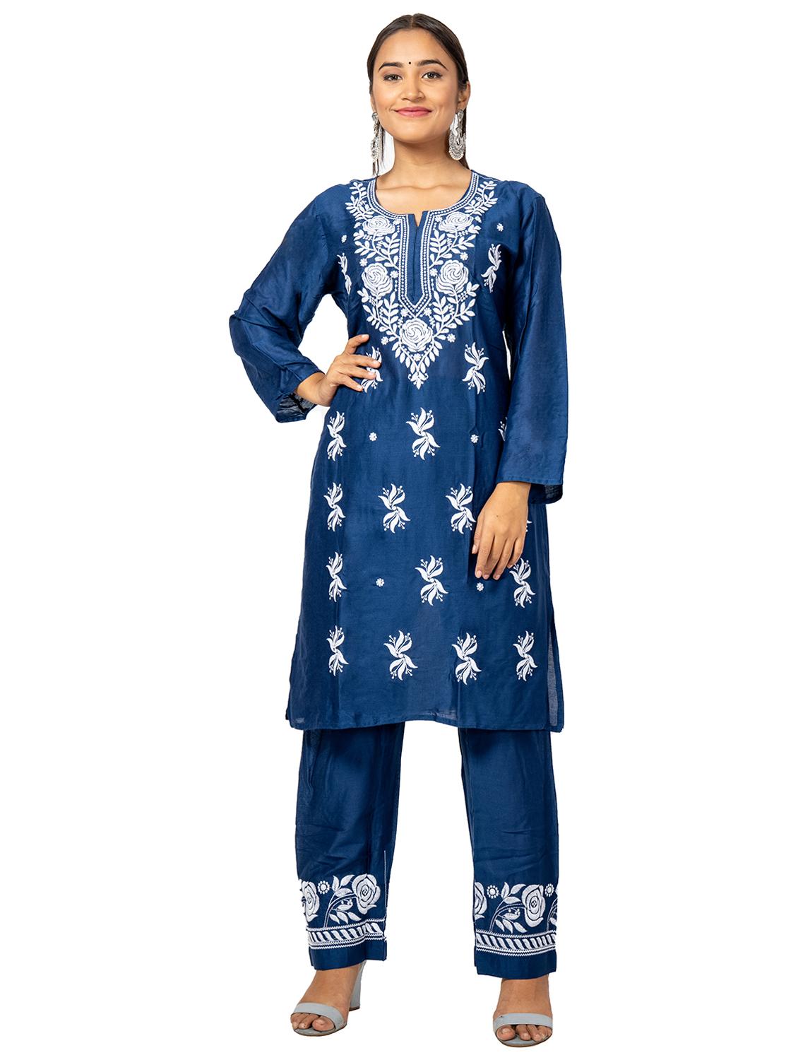 women chikankari work kurta pant set 