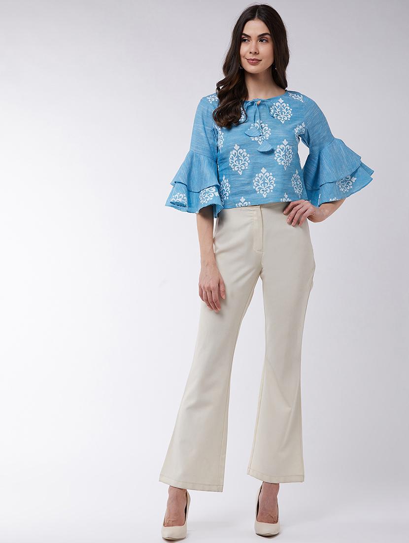 women blue printed bell sleeve regular top - 21571650 - Standard Image - 3