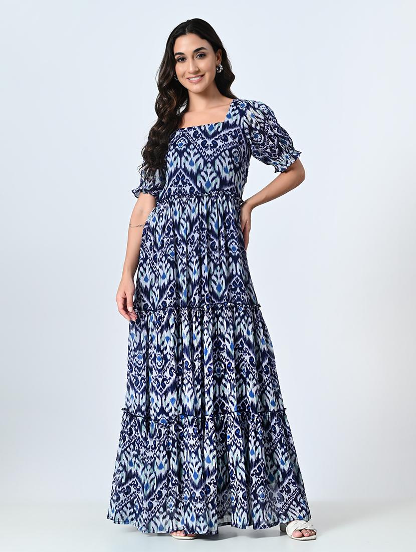 women printed puff sleeve tiered dress - 21571966 - Zoom Image - 0
