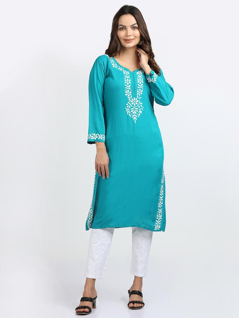 women chikankari notch neck kurta - 21572107 -  Zoom Image - 0