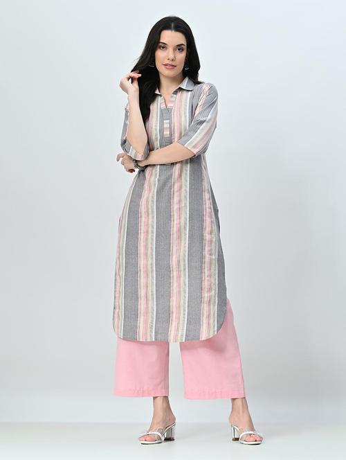 women stripes shirt collar kurta palazzo set - 21582201 - Very Small Image - 1