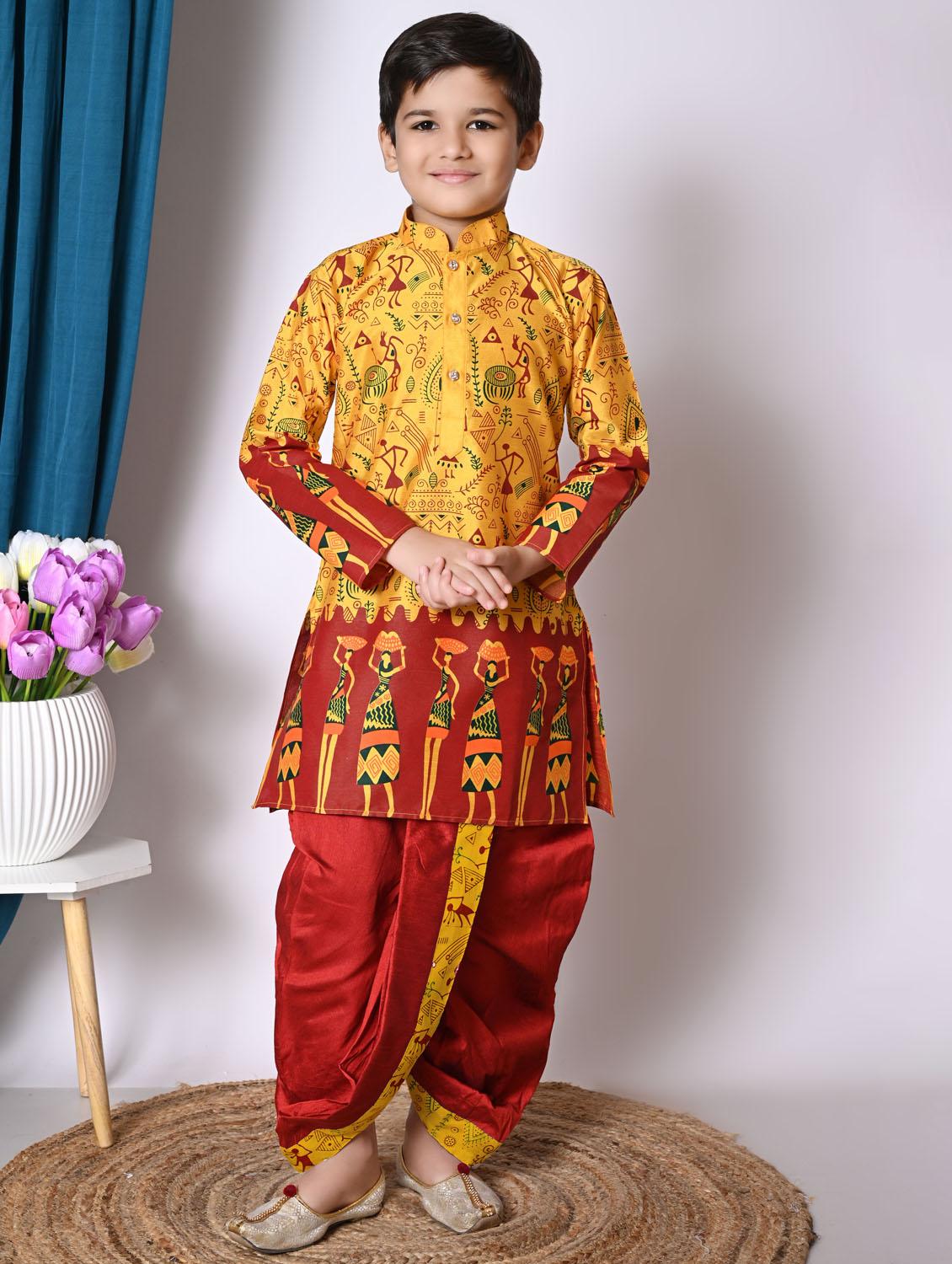 boys printed long sleeves dhoti kurta set