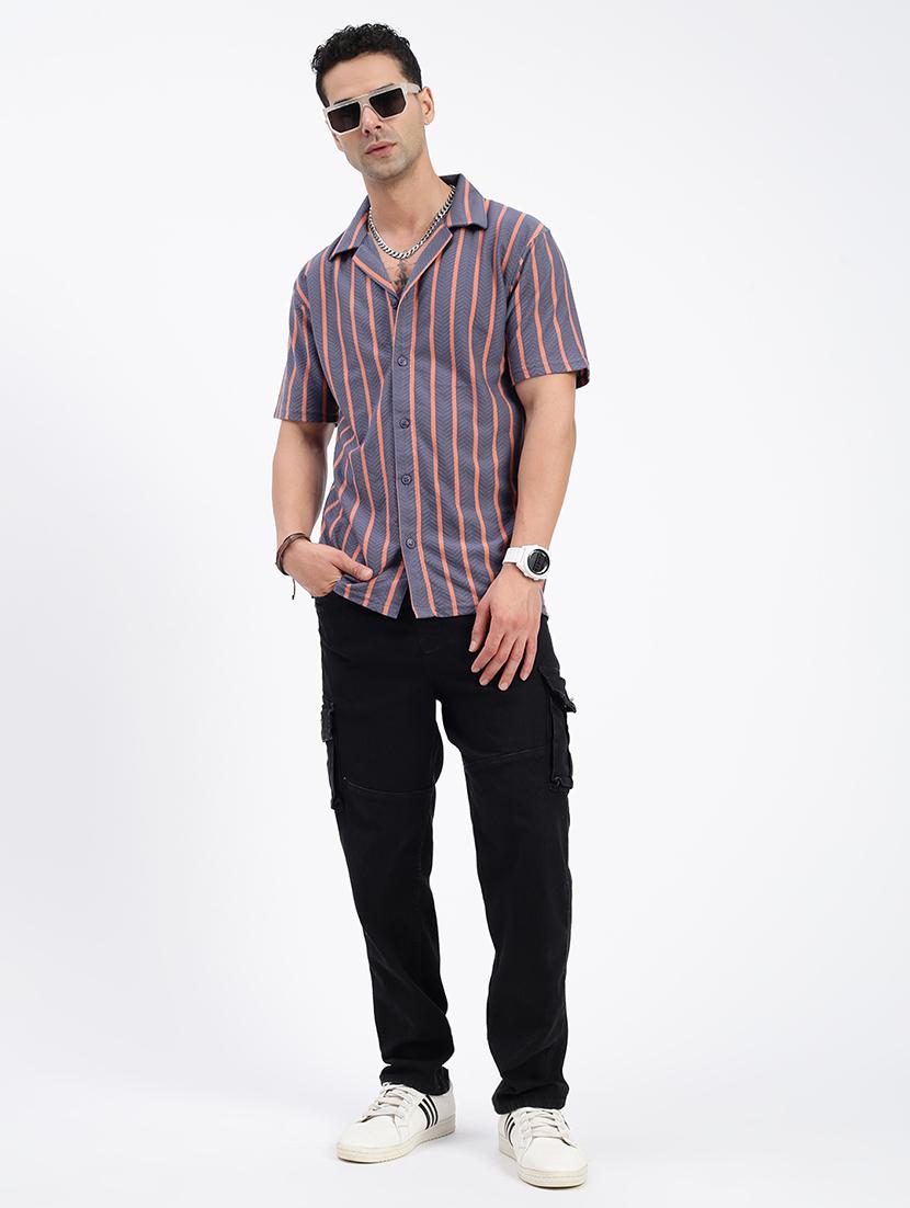 men loose fit striped cuban collar casual shirt - 21597546 - Standard Image - 4