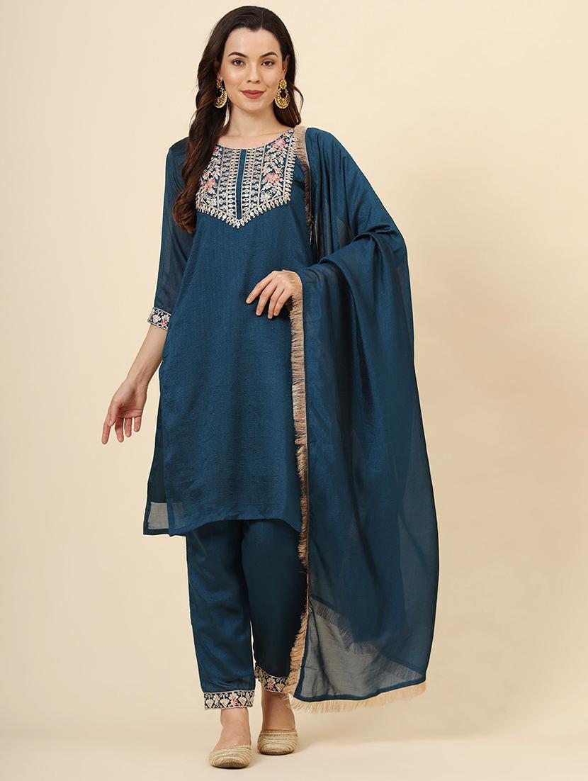 women embroidered three quarter sleeve suit set - 21597691 - Standard Image - 2