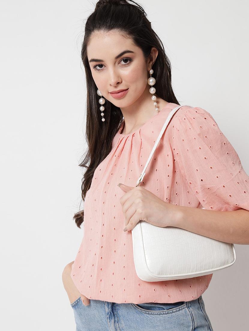 women pink schiffli blouson top - 21599819 - Standard Image - 2