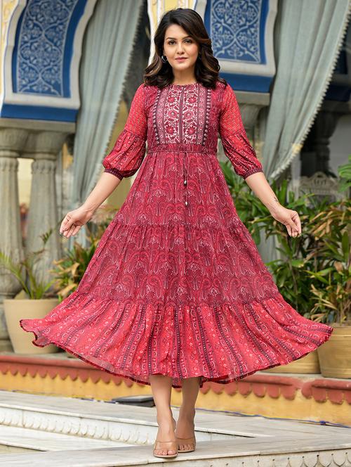 women rust printed tiered ethnic dress - 21601070 - Very Small Image - 1