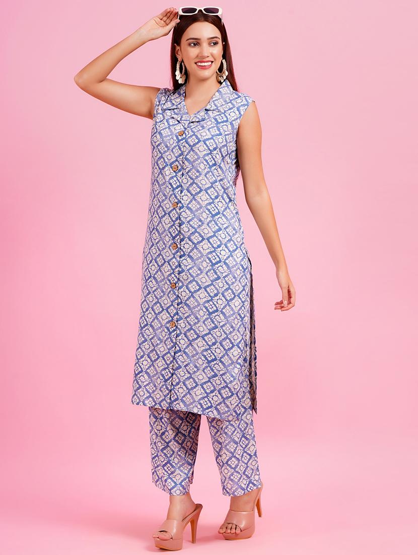 women blue printed sleeveless kurta palazzo set - 21618339 -  Standard Image - 0