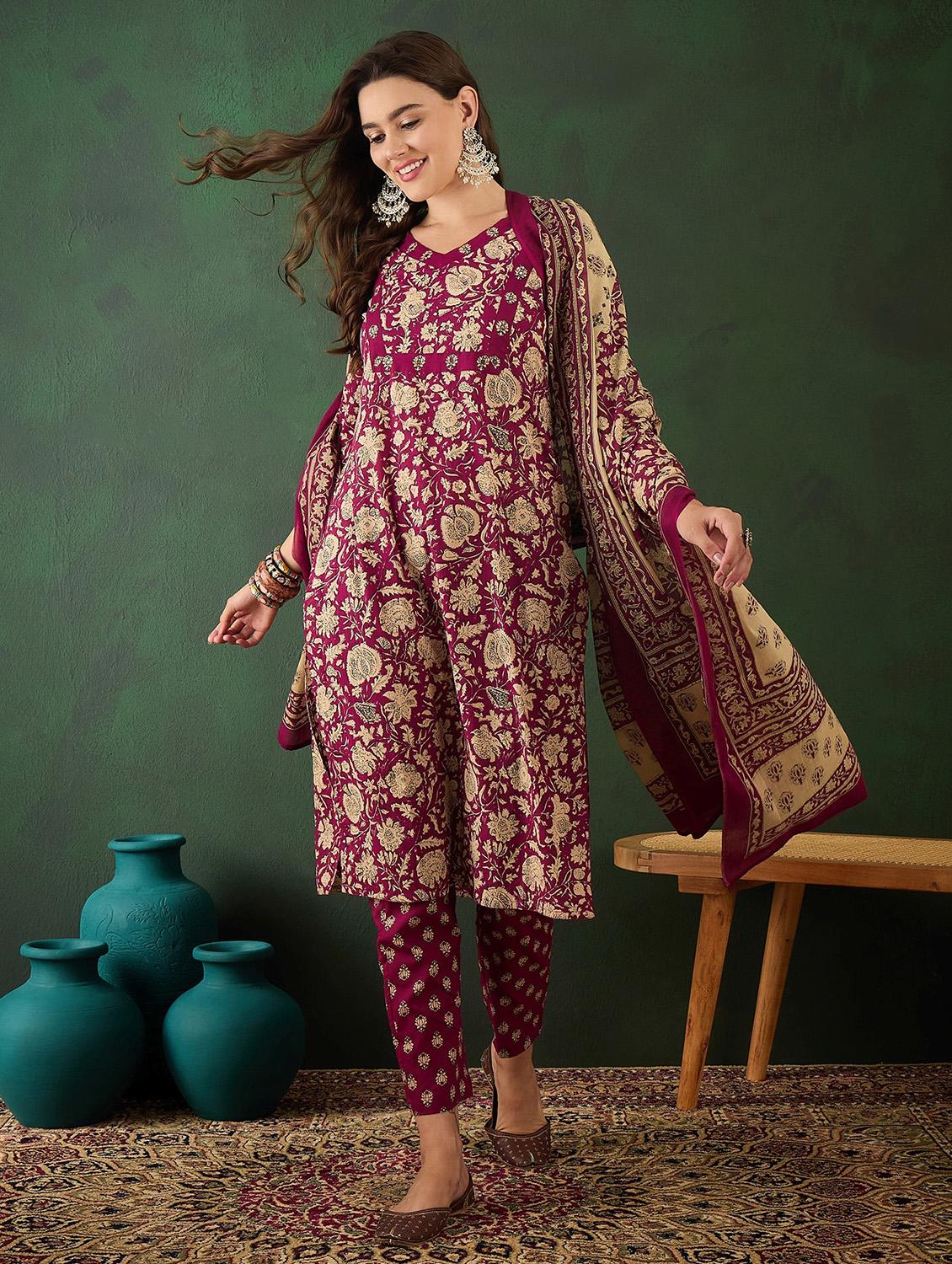 women three quarter sleeve kurta pant with dupatta set