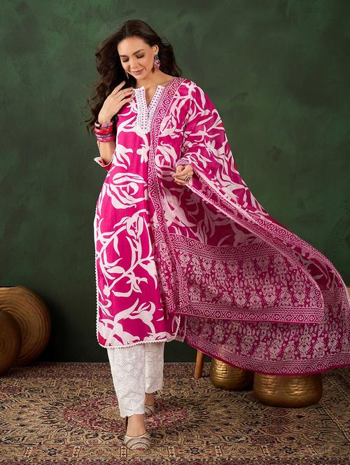 women three quarter sleeve kurta pant with dupatta set - 21622576 -  Standard Image - 0