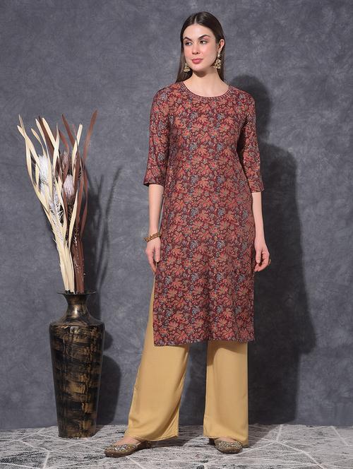 women floral three quarter sleeve straight kurta - 21627349 - Very Small Image - 1