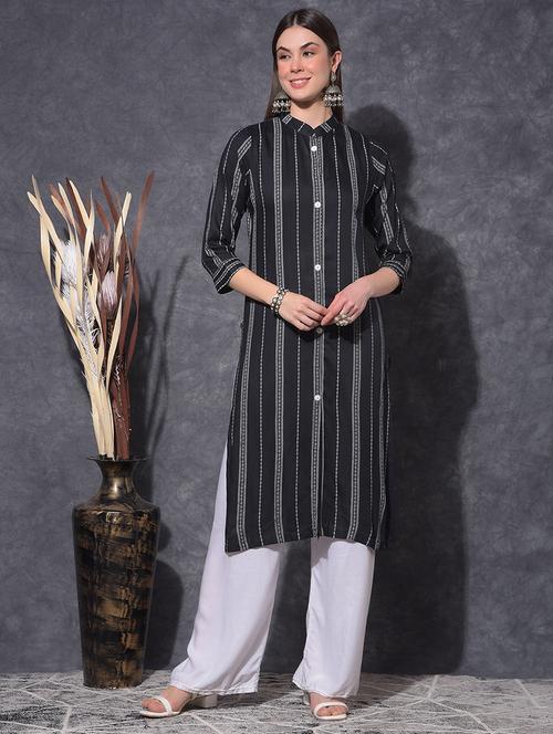 women striped three quarter sleeve front & side both slit kurta - 21627414 - Very Small Image - 1