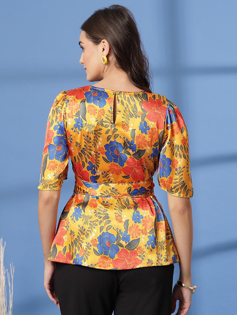 women printed puff sleeve belted top - 21628361 - Standard Image - 3
