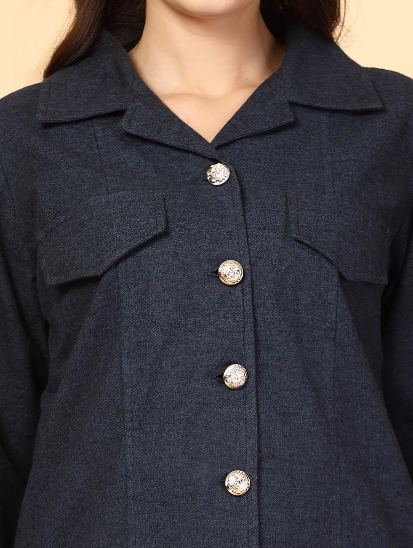 women solid long sleeve regular fit shacket - 21628414 - Standard Image - 5
