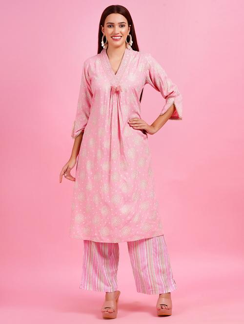 women pink printed kurta palazzo set  - 21632398 -  Standard Image - 0