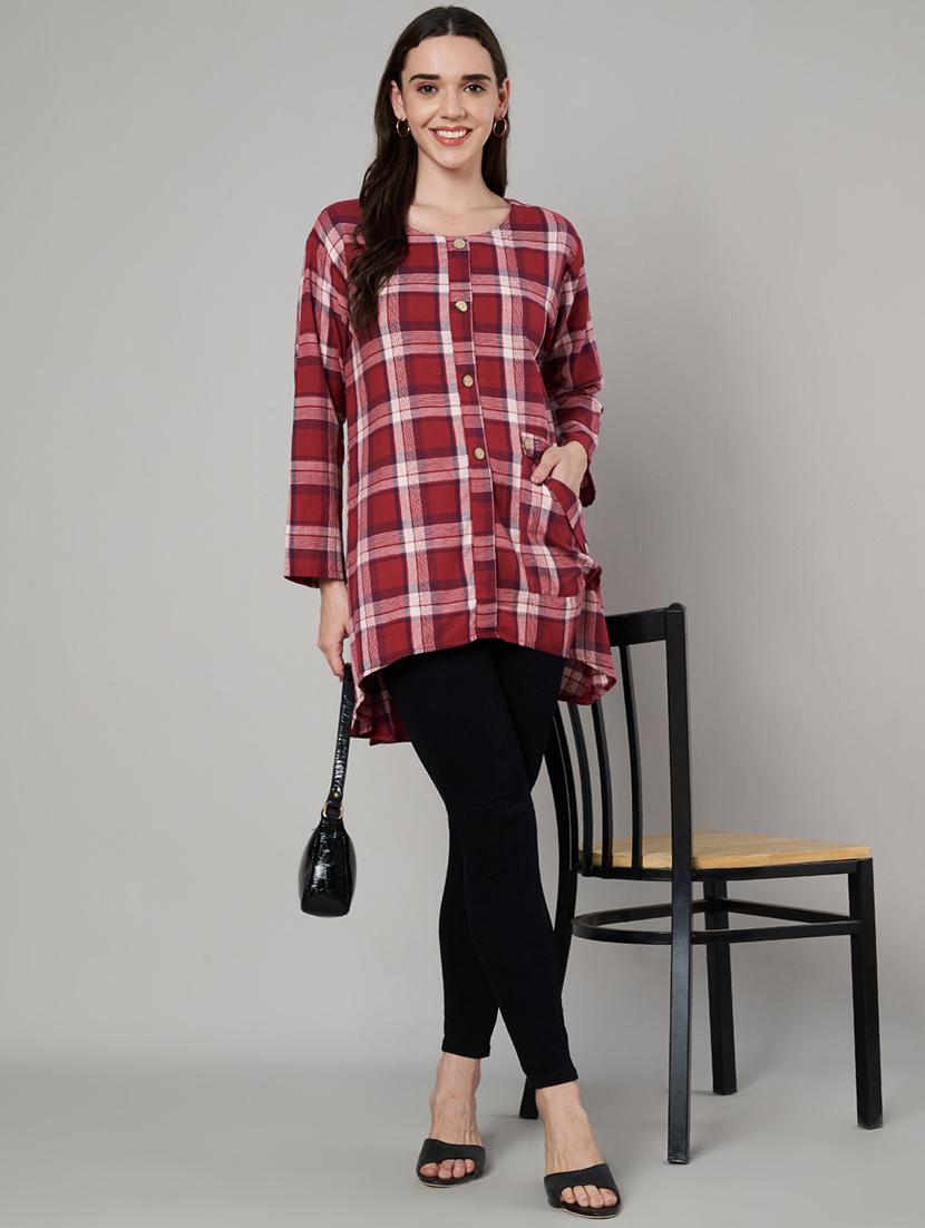 women maroon checks long sleeve shirt top - 21632802 - Standard Image - 3