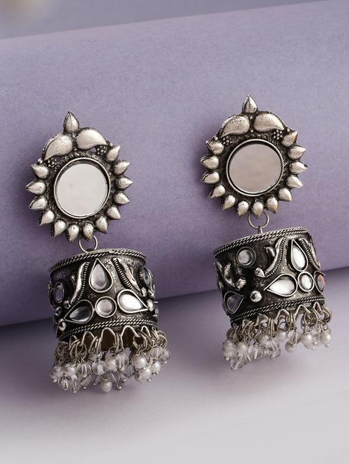 silver oxidise kundan work jhumka earrings - 21635025 - Very Small Image - 1