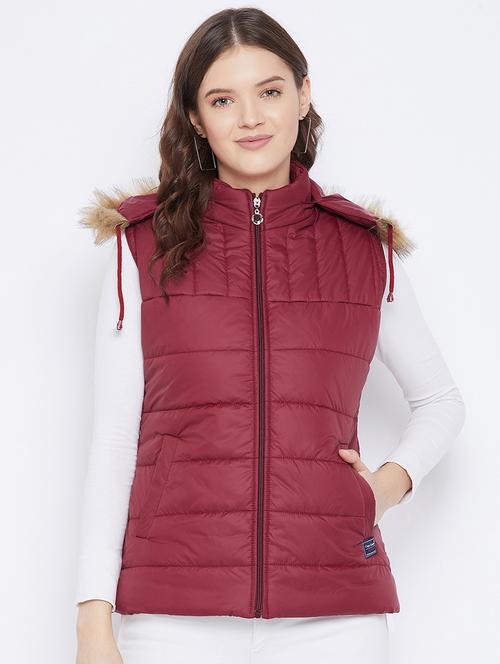 women plain hood neck & sleeveless quilted jacket - 21640860 - Very Small Image - 1
