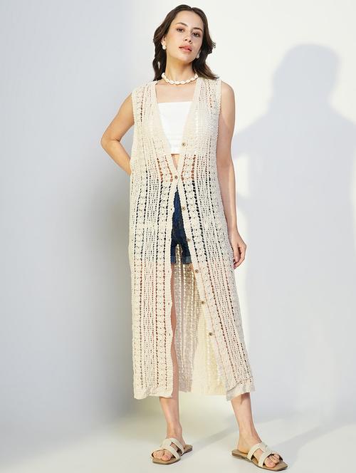 women crochet detailed sleeveless long shrug - 21643327 - Very Small Image - 1