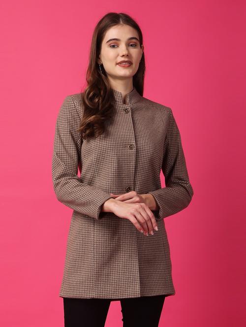 women mandarin neck checkered regular coat - 21647157 - Very Small Image - 1