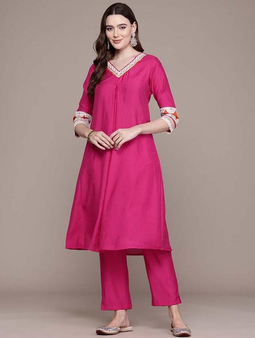 women solid lace work v neck kurta pant set - 21648661 - Very Small Image - 1