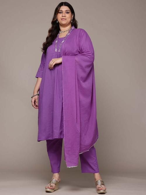 Women Plus Size Three Quarter Sleeve Kurta Pant With Dupatta Set - 21648677 - Very Small Image - 1