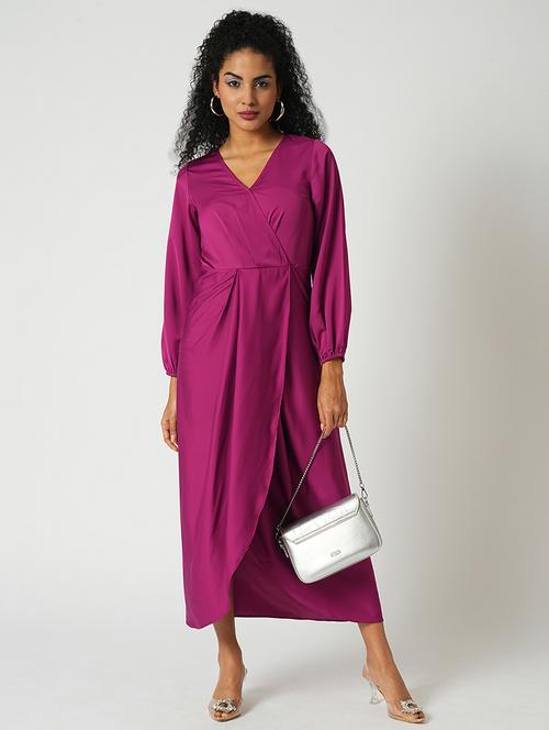 globus women magenta wrap neck full sleeves tulip hem satin midi sheath party dress - 21648785 - Very Small Image - 1
