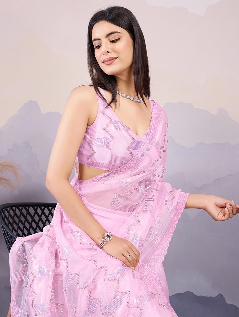 women pink embroidered sequin work saree with blouse - 21649328 - Standard Image - 2