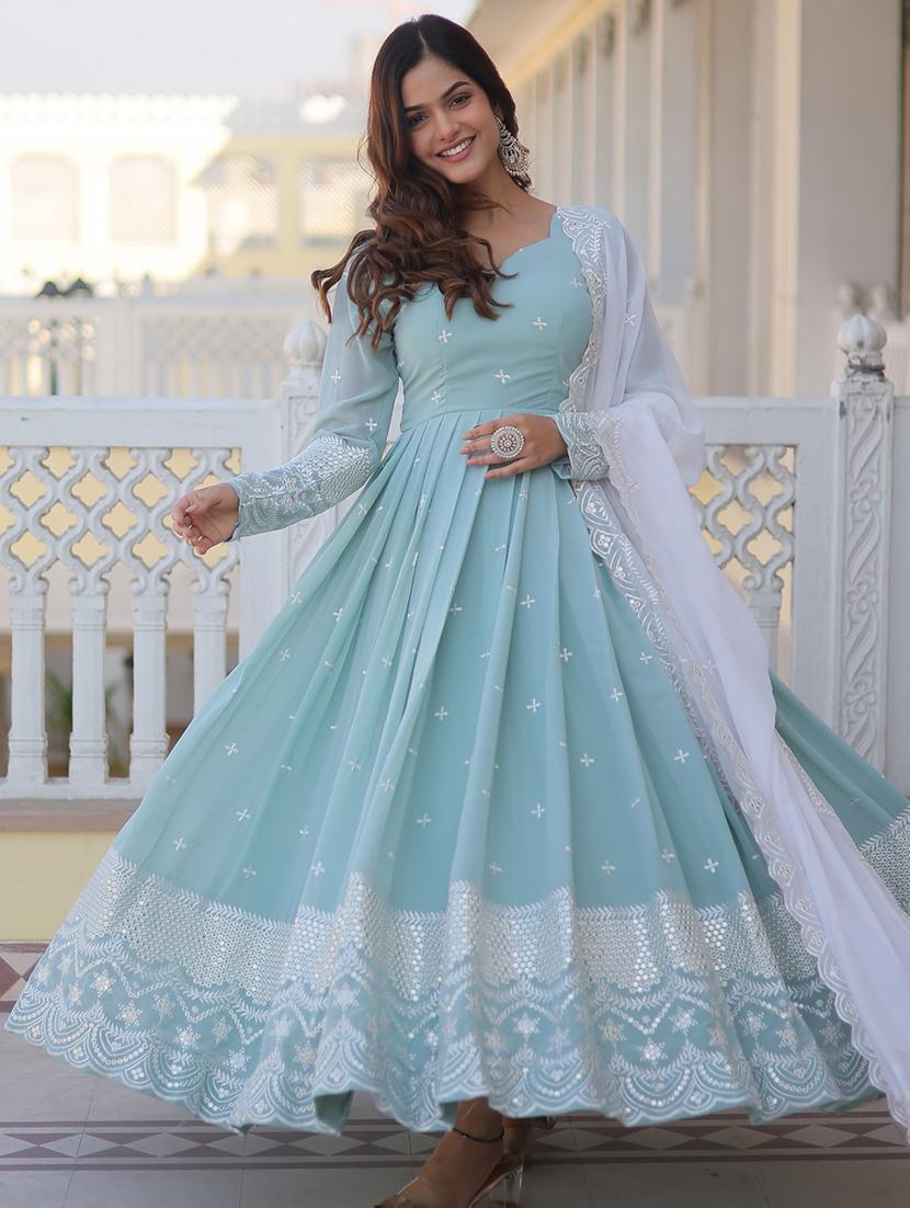 women light blue long sleeve kurta dupatta set - 21651849 - Zoom Image - 0