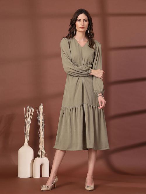 women olive solid v neck tiered dress - 21660054 - Very Small Image - 1