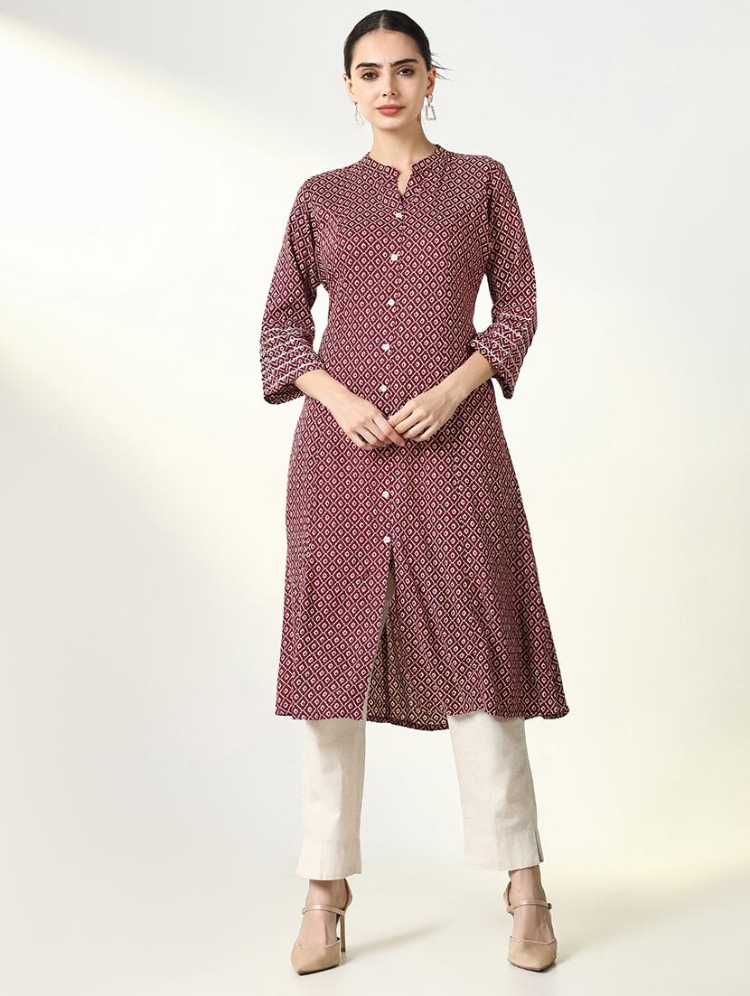 women maroon geometric printed a-line kurta - 21661526 -  Zoom Image - 0