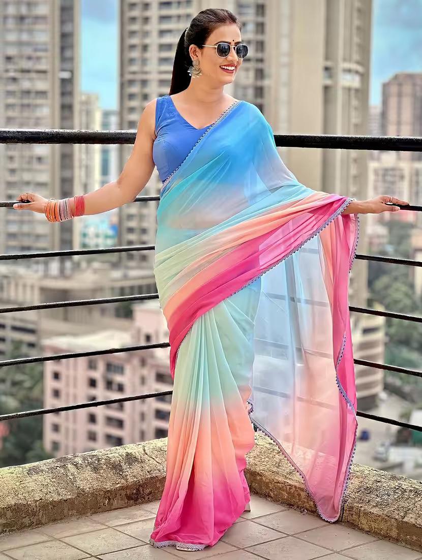 women multi color ombre lace work saree with blouse