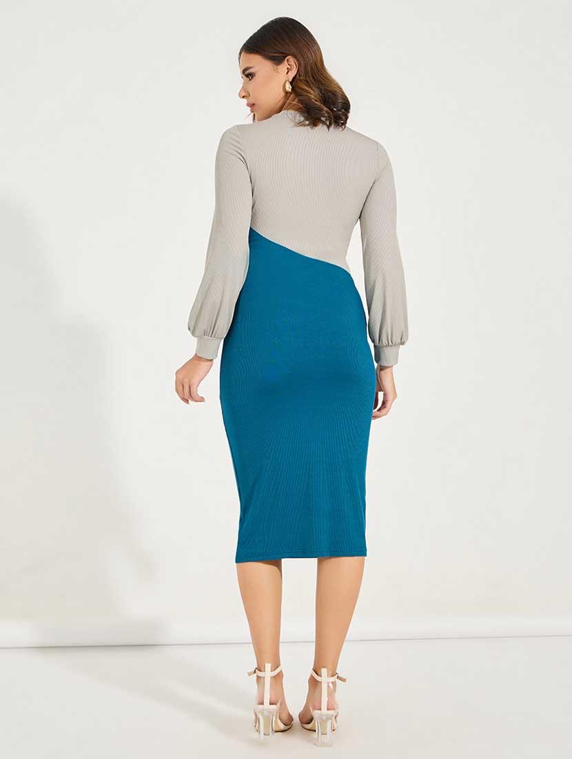 women color blocked puff sleeves bodycon dress - 21666369 - Standard Image - 3