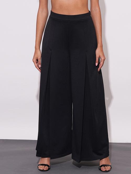 globus women black mid-rise relaxed fit casual flared wide leg casual treggings - 21671750 - Very Small Image - 1