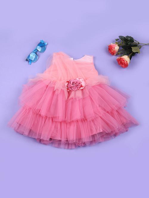 girls pink solid round neck frock - 21673934 - Very Small Image - 1