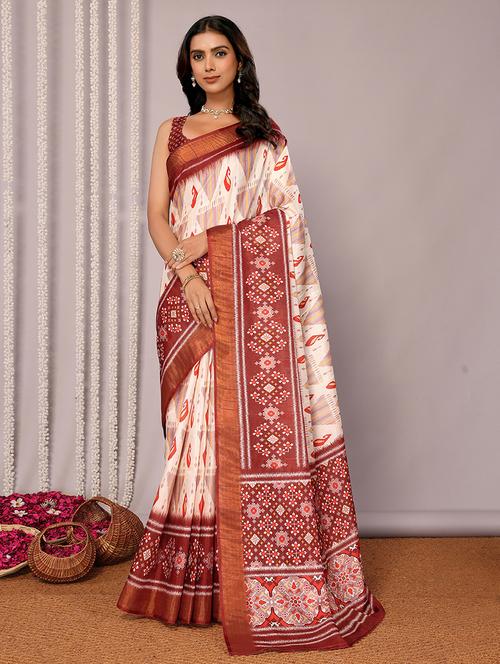 women cream printed saree with blouse - 21678906 - Very Small Image - 1