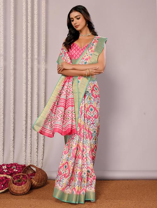 women ikat printed saree with blouse - 21678915 - Very Small Image - 1