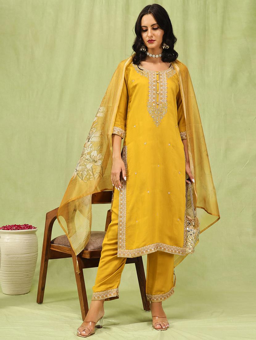 women three quarter sleeve kurta pant with dupatta set