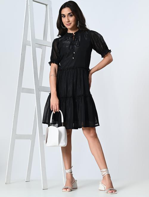 women solid puff sleeves tiered dress - 21687003 - Very Small Image - 1