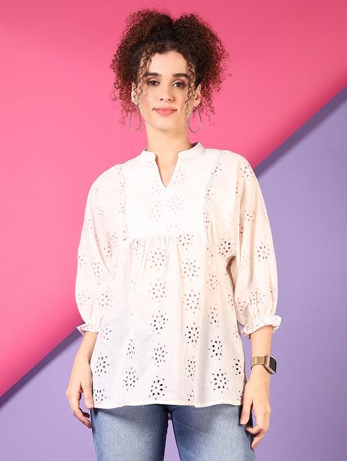 women cream three quarter sleeve self design a-line top - 21694332 - Very Small Image - 1