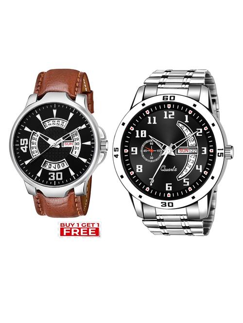 day n date men stylish analog latest watches combo - set of 2 - brn-21-and-slv-1 - 21694389 - Very Small Image - 1