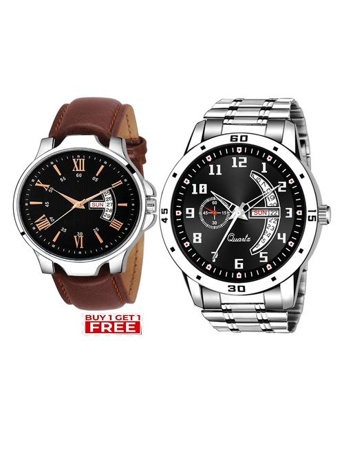 day n date men stylish analog latest watches combo - set of 2 - brn-24-and-slv-1 - 21694405 - Very Small Image - 1