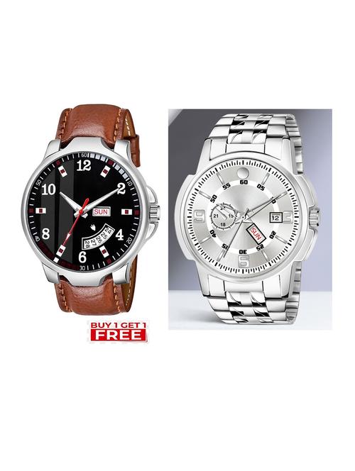 day n date men stylish analog latest watches combo - set of 2 - brn-7-and-slv-10 - 21694434 - Very Small Image - 1