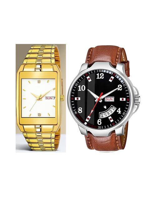 day n date men stylish analog latest watches combo - set of 2 - golden-white-brn-7 - 21694560 - Very Small Image - 1