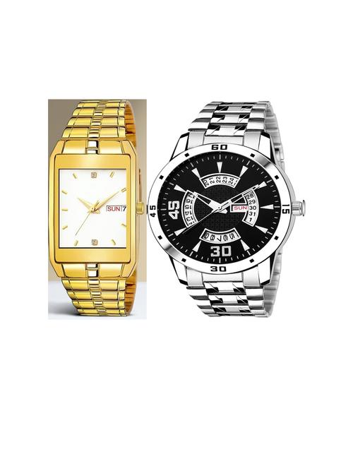 day n date men stylish analog latest watches combo - set of 2 - golden-white-slv-21 - 21694566 - Very Small Image - 1