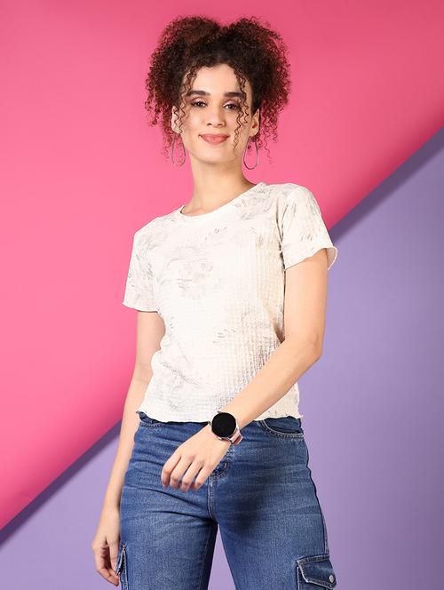 women cream printed round neck regular fit top - 21695564 - Very Small Image - 1