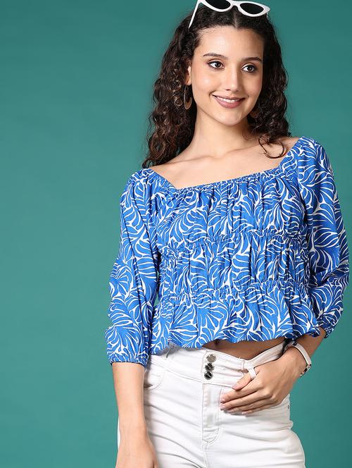 women blue printed square neck crop top - 21700775 - Very Small Image - 1