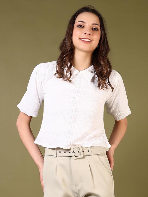 women solid collared puff sleeves crop top - 21700808 - Very Small Image - 1