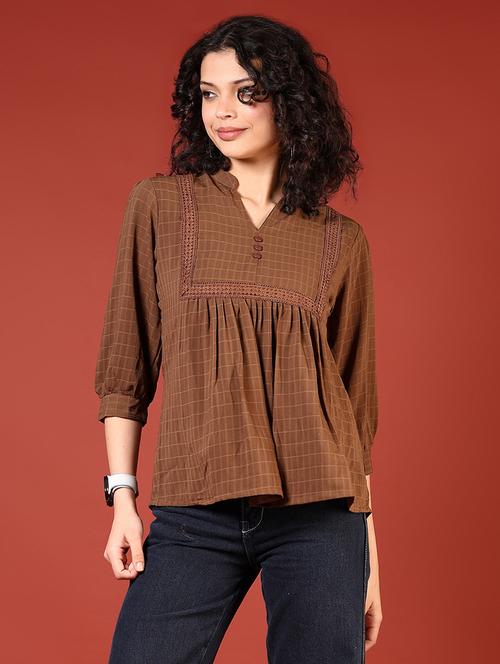 women checkered mandarin neck a-line top - 21705781 - Very Small Image - 1